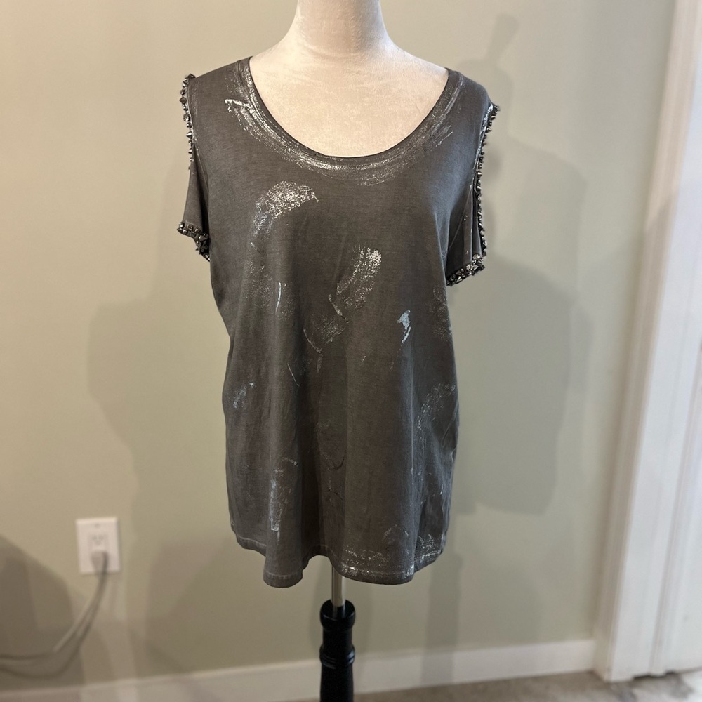 Stylish Gray Cold Shoulder Embellished Sleeve Top Size Large